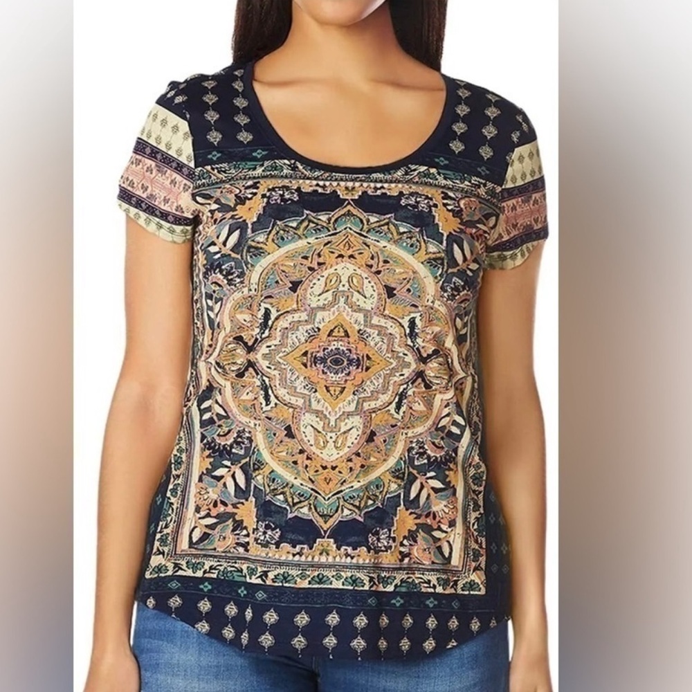 Lucky Brand-2X Tapestry Mandala Bohemian Printed Short Sleeve Scoop Neck. EUC!!!